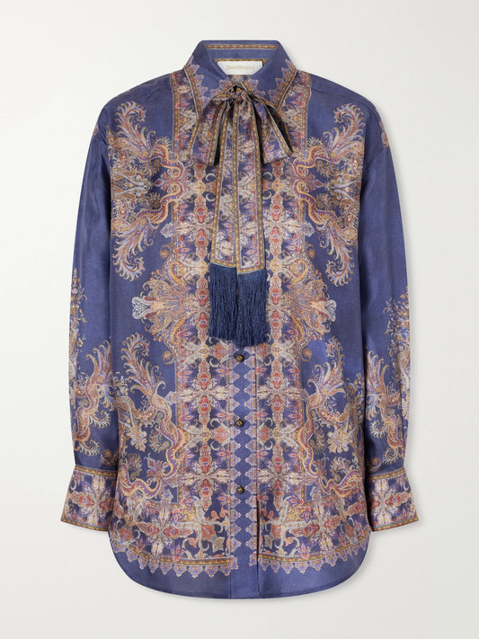 Zimmermann Valiant Pussy-bow Printed Silk-twill Shirt