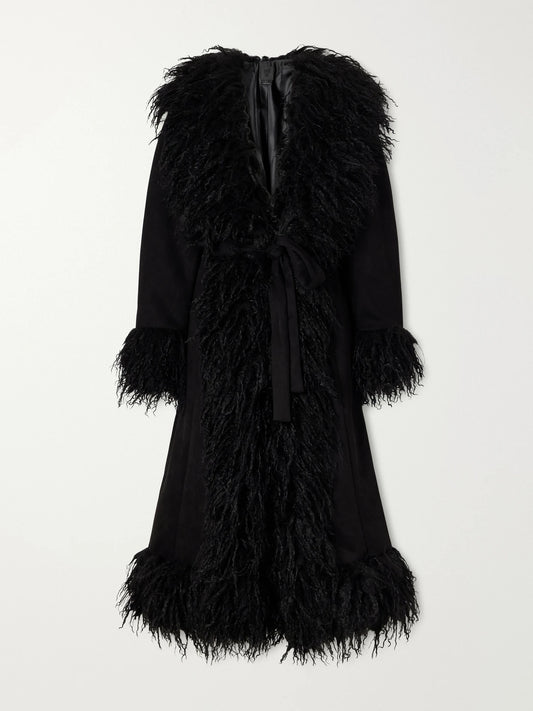 Anna Sui Belted Plush-trimmed Woven Coat