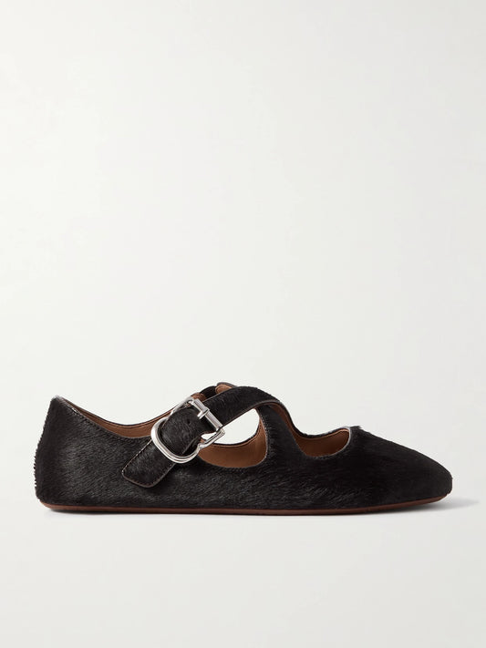 Criss Cross Leather-trimmed Calf Hair Ballet Flats