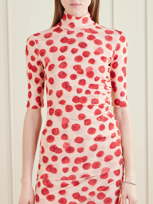 Gathered Printed Mesh T-shirt