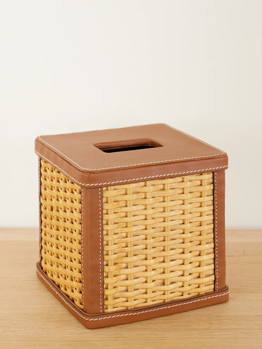 Bailey Leather-trimmed Rattan-woven Tissue Box