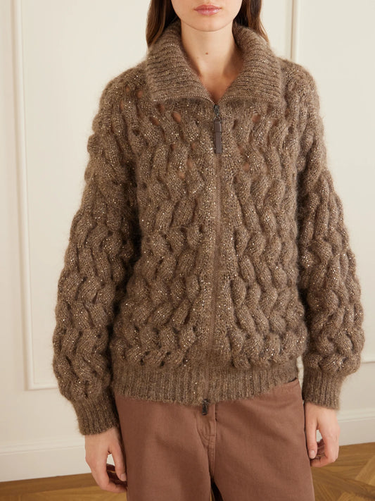Sequin-embellished Mohair-blend Zip-up Cardigan