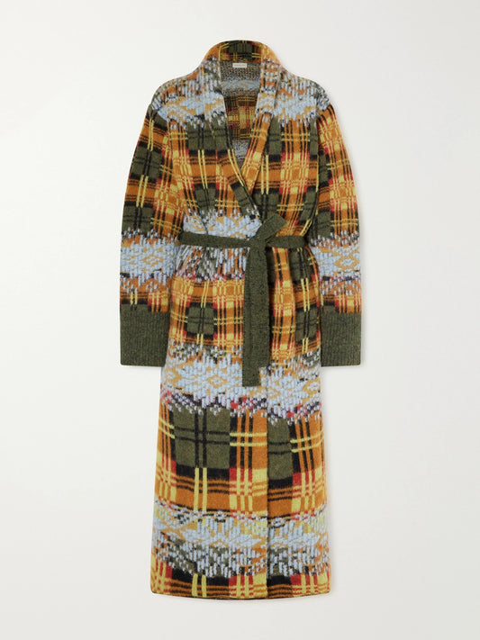 Dries Van Noten Belted Checked Jacquard-knit Wool-blend Cardigan