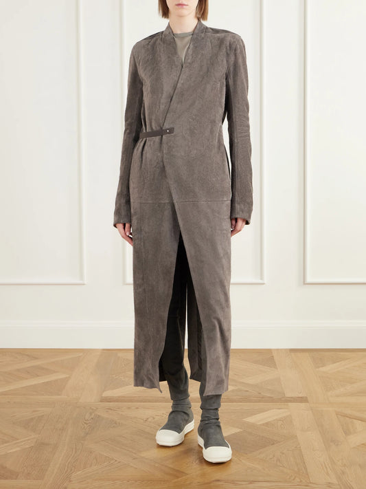 Rick Owens Belted Paneled Suede Wrap Coat