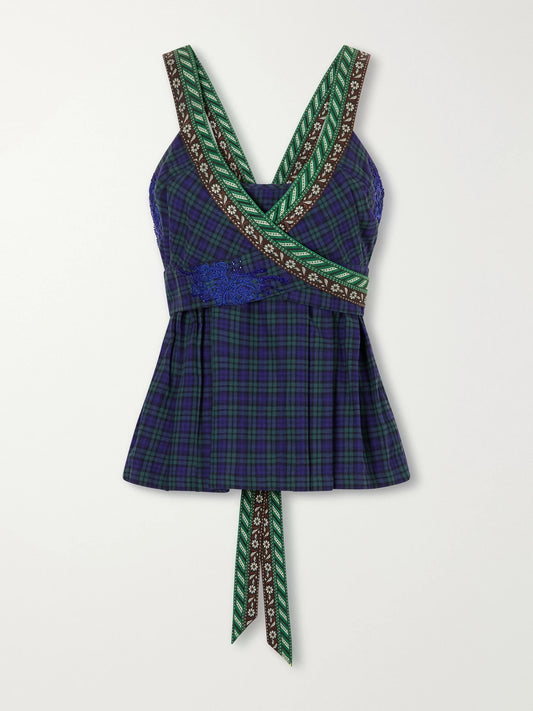 Dries Van Noten Embellished Wrap Checked Cotton Top