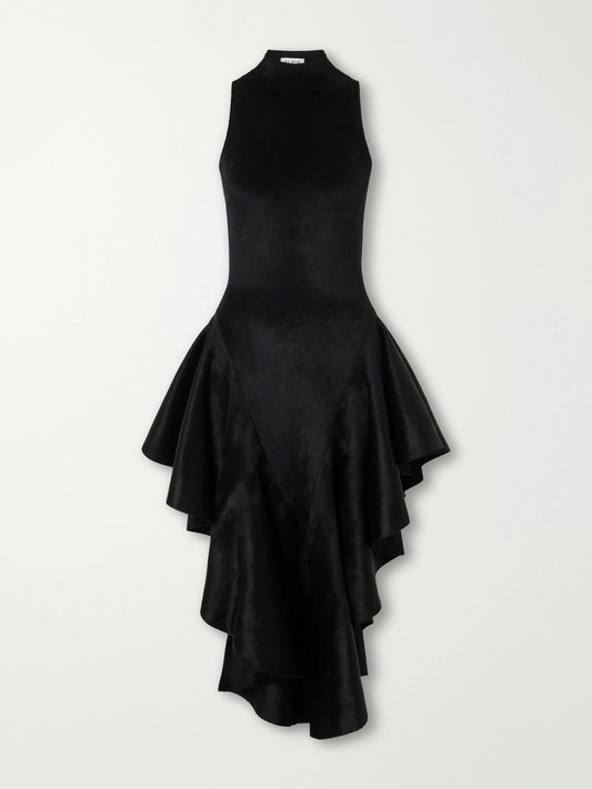 Alaïa Asymmetric Ruffled Velvet Turtleneck Midi Dress
