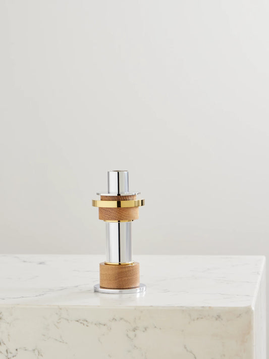 Christofle Myriade Medium Stainless Steel, Gold-tone, Oak And Glass Candle Holder