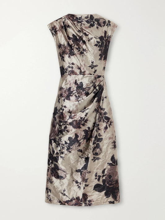 Erdem Floral-print Gathered Crinkled-satin Midi Dress