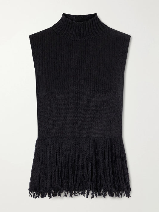 ALIX OF BOHEMIA Sonia Onyx Fringed Turtleneck Cotton Sweater