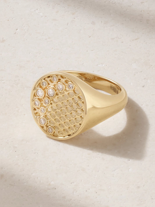 Oval Fishnet 14-karat Diamond Signet Ring