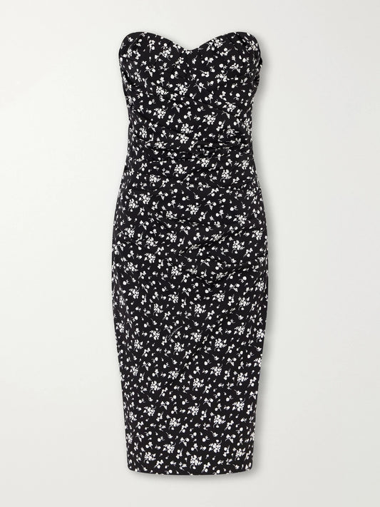 Dolce & Gabbana Strapless Draped Floral-print Silk-blend Charmeuse Midi Dress