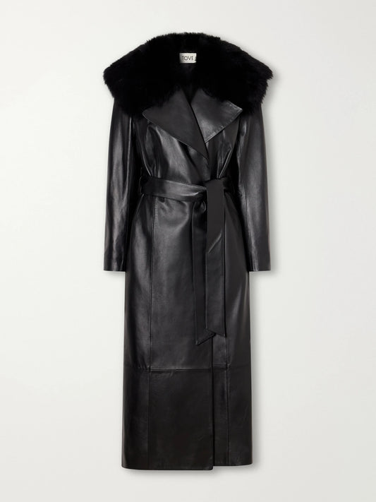 TOVE Rosa Belted Paneled Shearling-trimmed Leather Wrap Coat