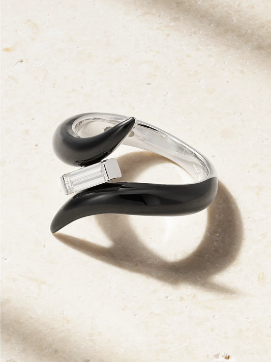 Oui 18-karat White Gold, Diamond And Enamel Ring