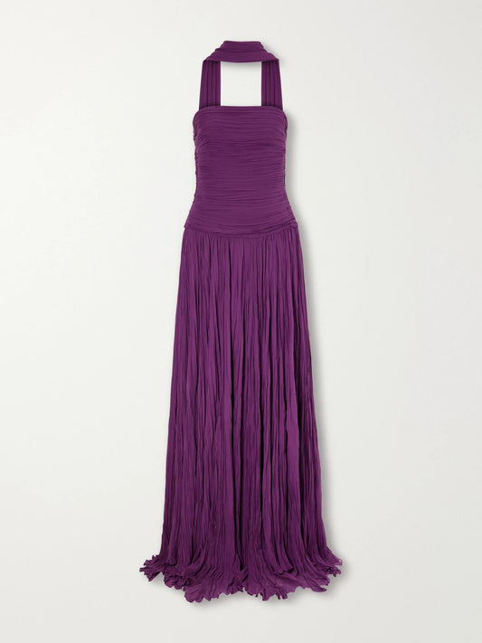 Marmar Halim Cape-effect Strapless Ruched Plissé Crepe Bustier Gown