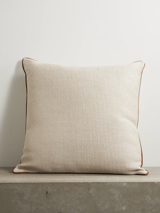 Leather-trimmed Woven Cotton-blend Cushion