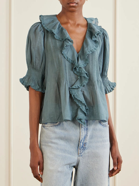 DÔEN Henri Ruffled Pintucked Lace-trimmed Organic Cotton-voile Blouse