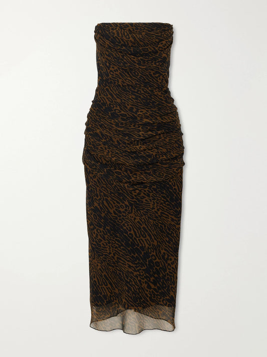 Carolina Herrera Strapless Draped Leopard-print Silk-chiffon Midi Dress