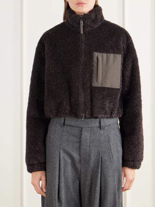 Brunello Cucinelli Bead-embellished Cropped Padded Leather And Shell-trimmed Plush Jacket