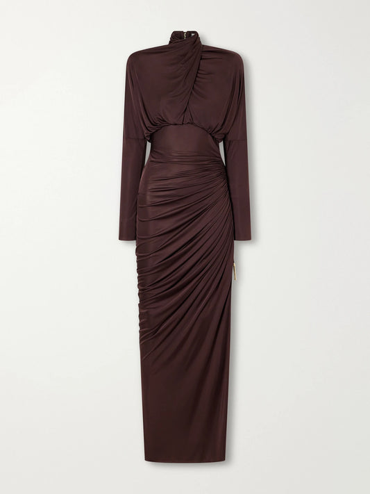 Balmain Draped Jersey Turtleneck Maxi Dress