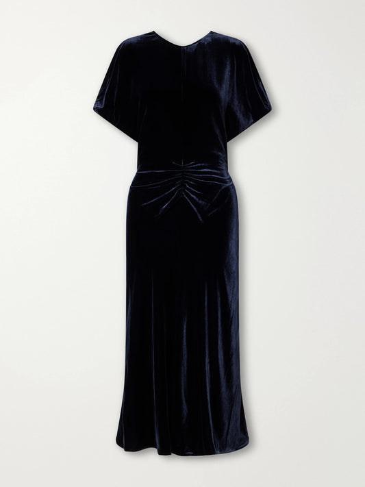 Victoria Beckham Bela Gathered Velvet Midi Dress