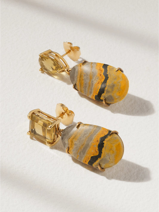 Bumble Bee 14-karat Gold, Citrine And Jasper Earrings