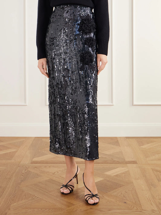 Erdem Floral-appliqué Sequined Crepe De Chine Midi Skirt