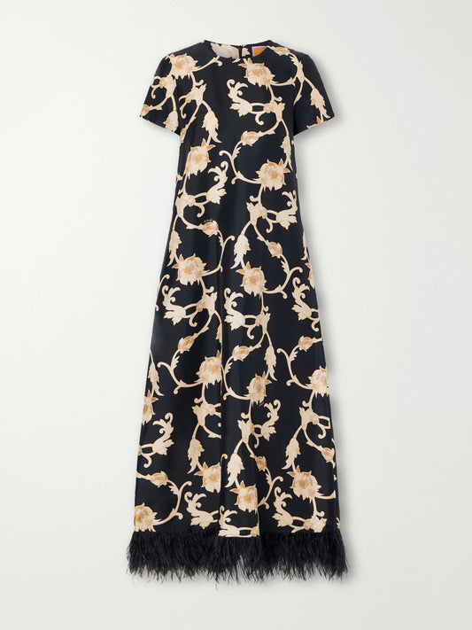La DoubleJ Swing Floral-print Feather-trimmed Silk-satin Maxi Dress