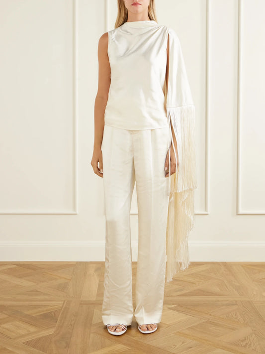Self-Portrait Asymmetric Fringed Satin Cami