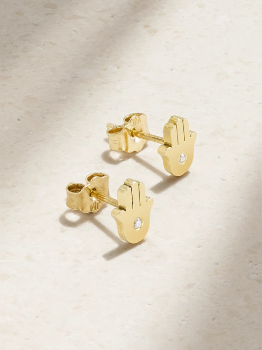Mini Hamsa 18-karat Gold Diamond Earrings