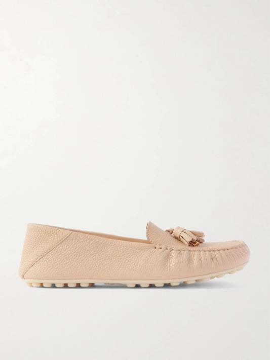 Tasseled Textured-leather Collapsible-heel Loafers
