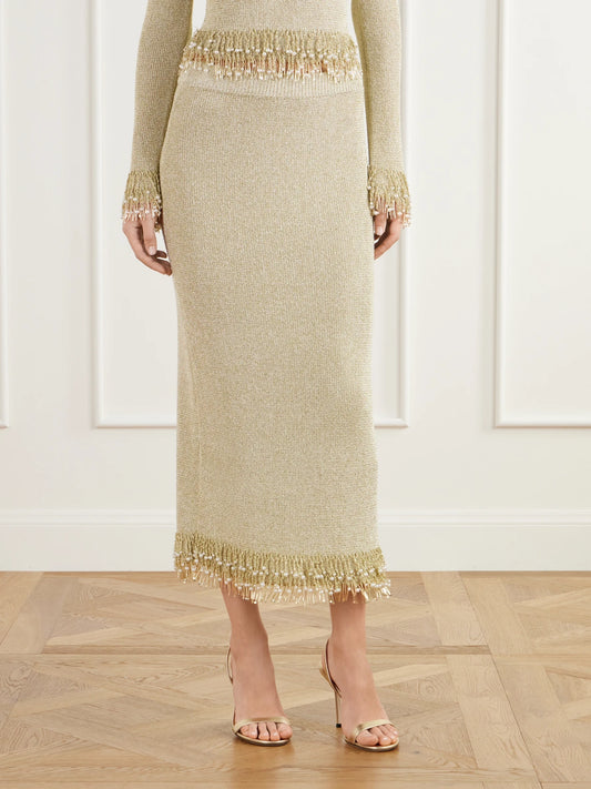 SIMKHAI Zeni Bead-embellished Bouclé Midi Skirt