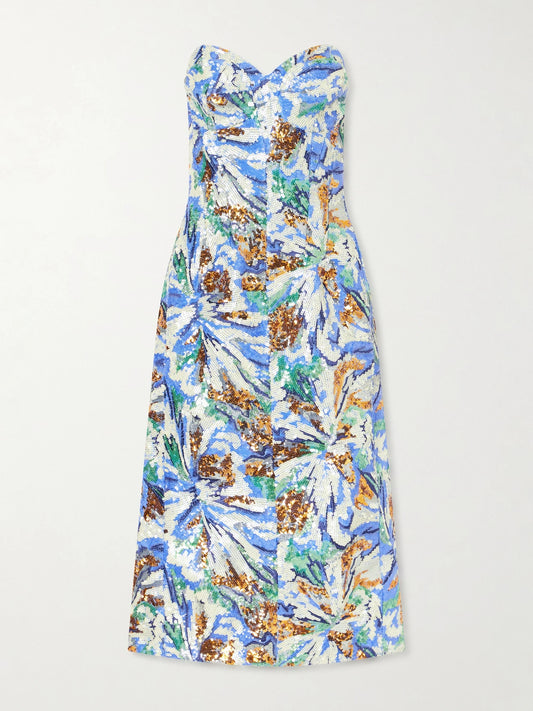 Strapless Sequined Crepe Midi Dress