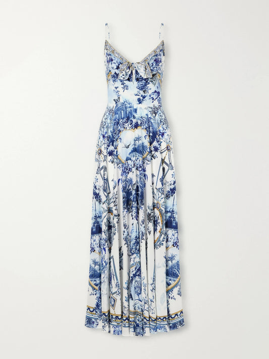 Camilla Porcelain Parlour Tie-detail Crystal-embellished Printed Silk Maxi Dress