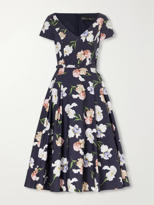 Oscar de la Renta Iris Belted Floral-print Cotton-blend Poplin Midi Dress