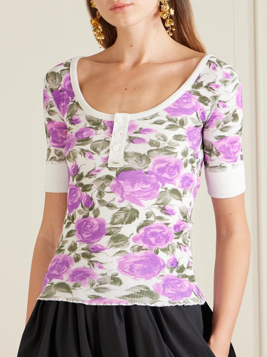 Floral-print Ribbed Stretch-cotton Jersey T-shirt