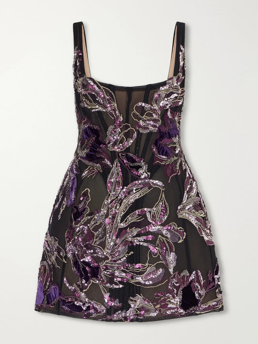 Costarellos Elitta Embellished Velvet-trimmed Tulle Mini Dress