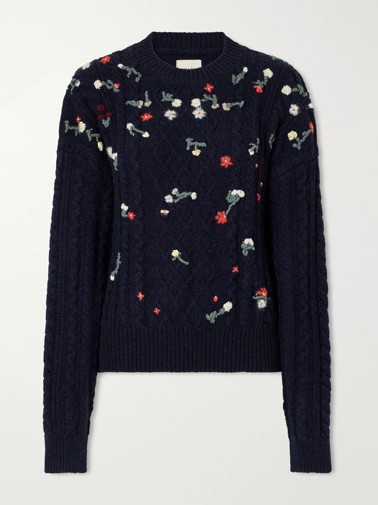 KHAITE Elias Embroidered Cable-knit Cashmere Sweater