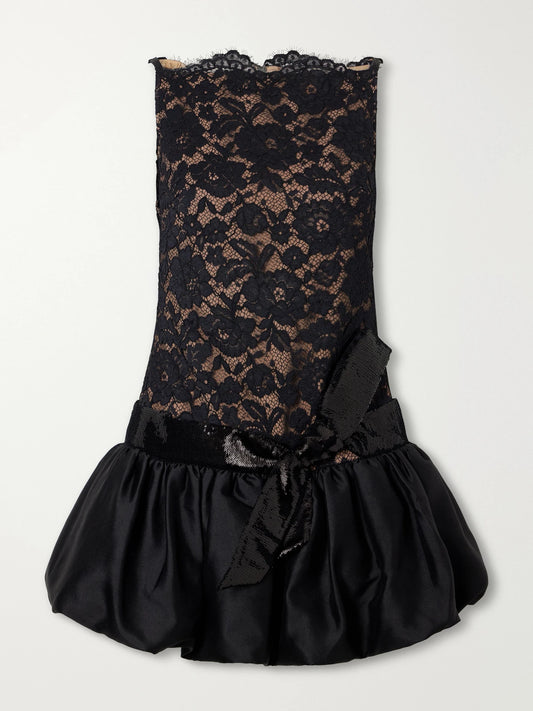 Self-Portrait Sequined-trimmed Satin And Lace Mini Dress