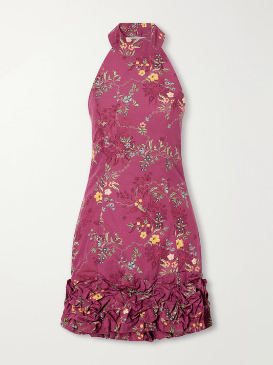 Agua by Agua Bendita Cuenca Ruffled Floral-print Cotton-poplin Halterneck Mini Dress