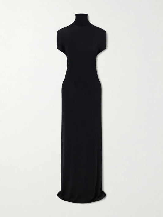 Open-back Jersey Turtleneck Gown