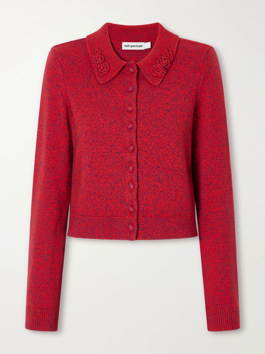 Self-Portrait Bead-embellished Cropped Knitted Cardigan