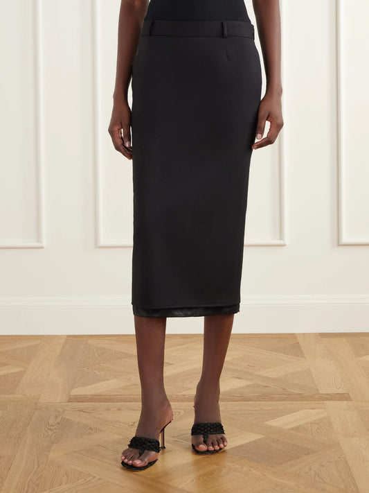The Attico Layered Satin-trimmed Wool-blend Garbadine Midi Skirt