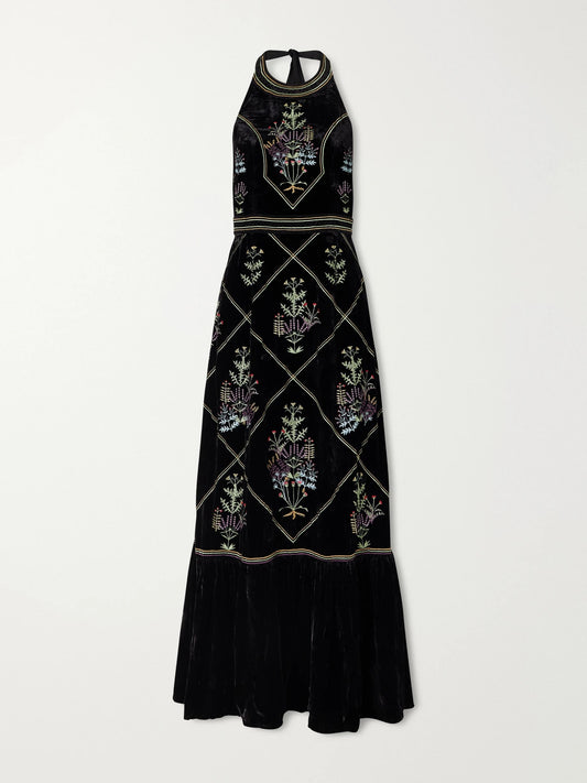 Emporio Sirenuse Chantal Agra Flower-embroidered Velvet Midi Dress