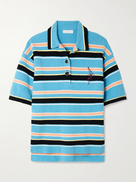 Embroidered Striped Cotton-blend Terry Polo Shirt