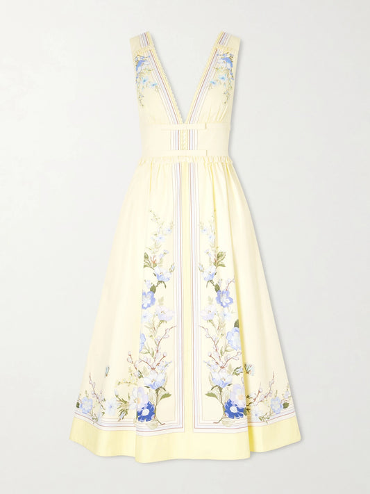 Bow-detailed Floral-print Cotton Midi Dress