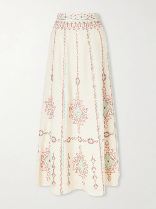 Camille Embroidered Linen And Cotton-blend Midi Skirt