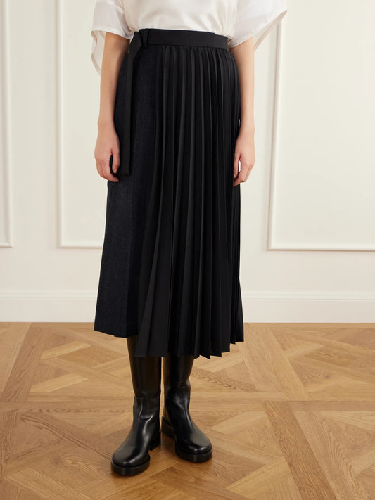 Sacai Pleated Herringbone Wool-blend Midi Skirt