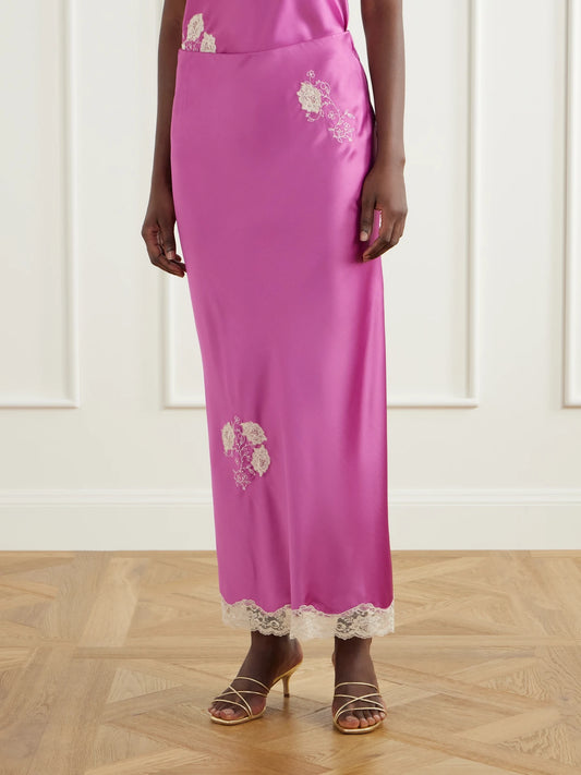 Anna Sui Lace-trimmed Embroidered Satin Maxi Skirt