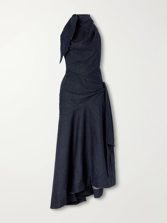 Zimmermann Valiant Open-back Asymmetric Draped Denim Maxi Dress