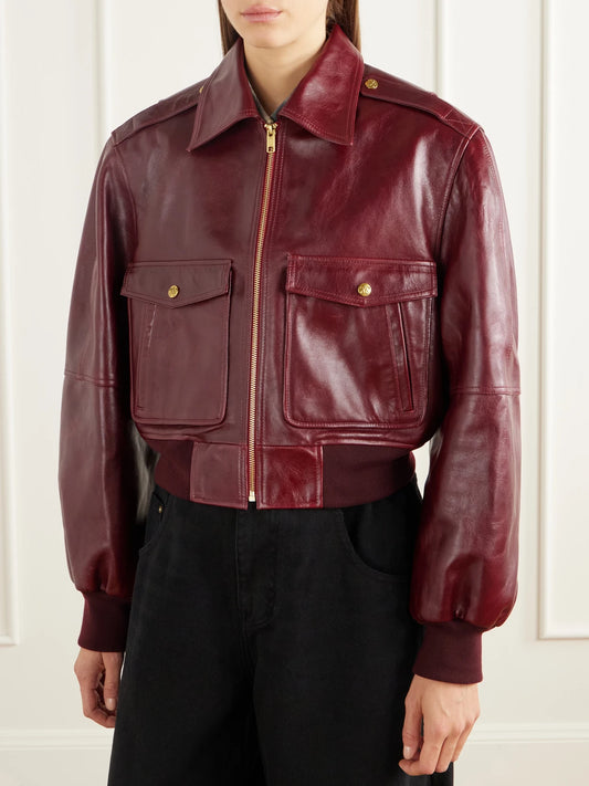 Willy Chavarria Cropped Leather Bomber Jacket